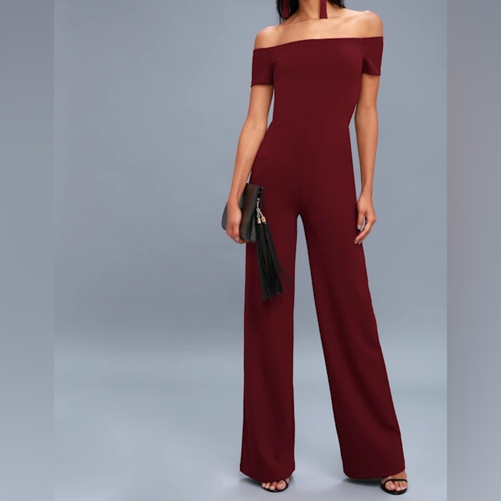 Lulu's Burgundy Off-the-Shoulder Jumpsuit